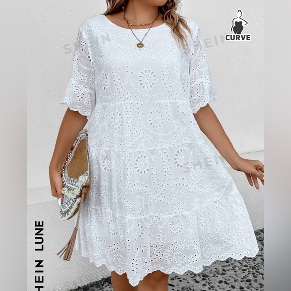 SHEIN LUNE Plus Eyelet Embroidery Ruffle Hem Smock Dress - Picture 6 of 10